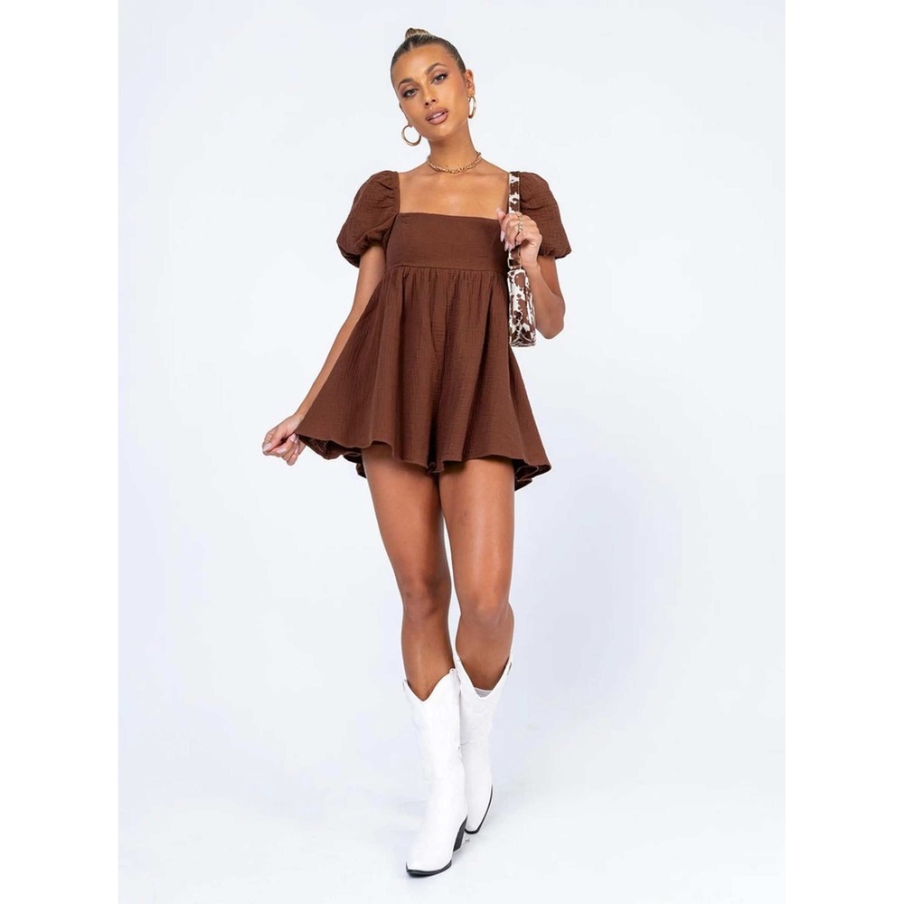 Princess Polly Brown Cotton Gauze Puff Sleeve Smocked Romper Womens Size 4 NWT